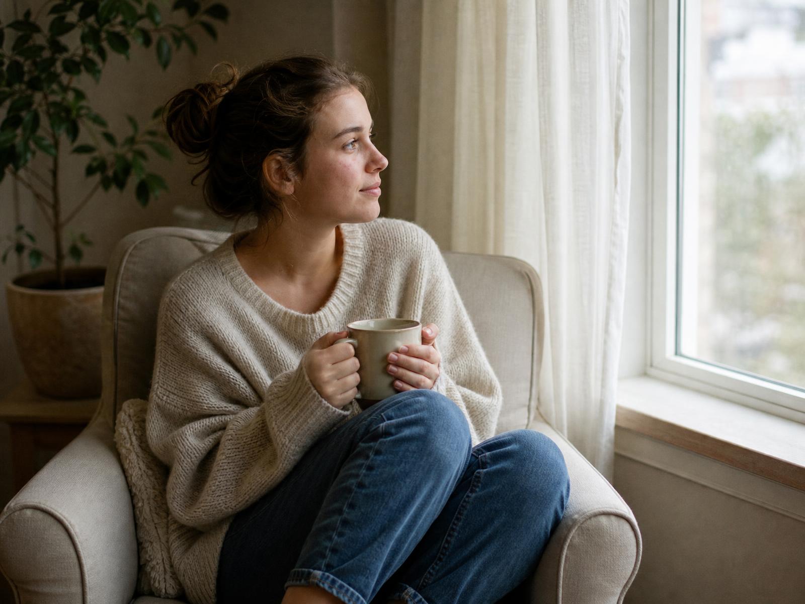 A young woman sitting in a comfortable chair by a window with a mug of tea, looking out in soft daylight