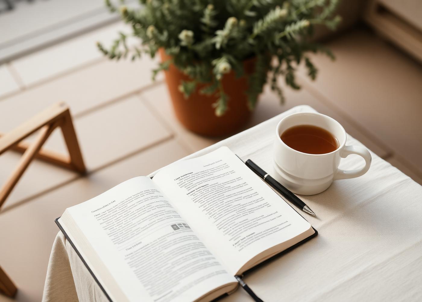An open journal, a pen and a mug of tea on a linen-covered table on a quiet patio in morning light